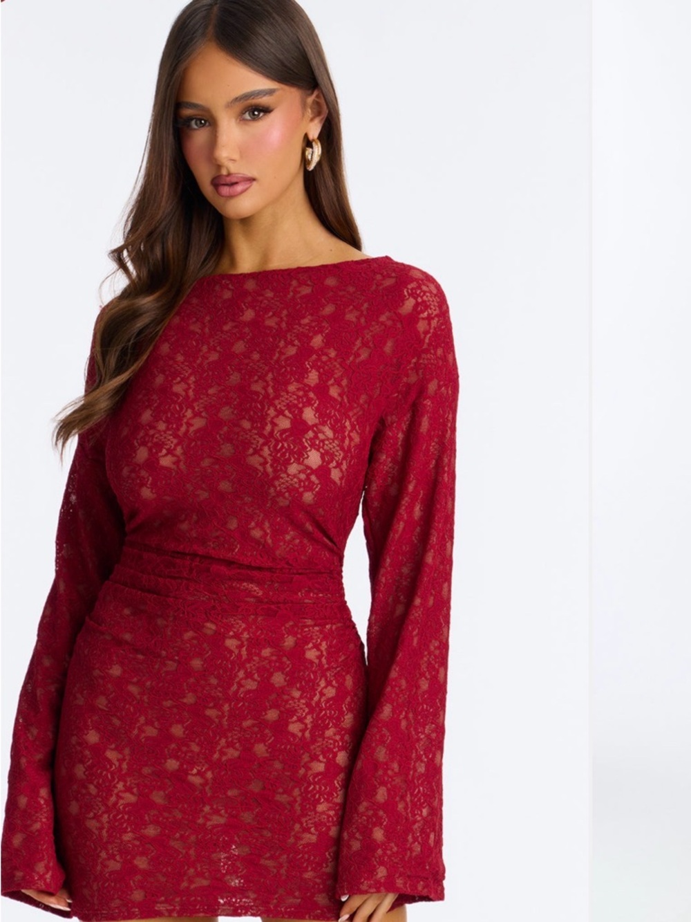 Fashion Nova Burgundy Lace Backless Long-Sleeve Mini Dress